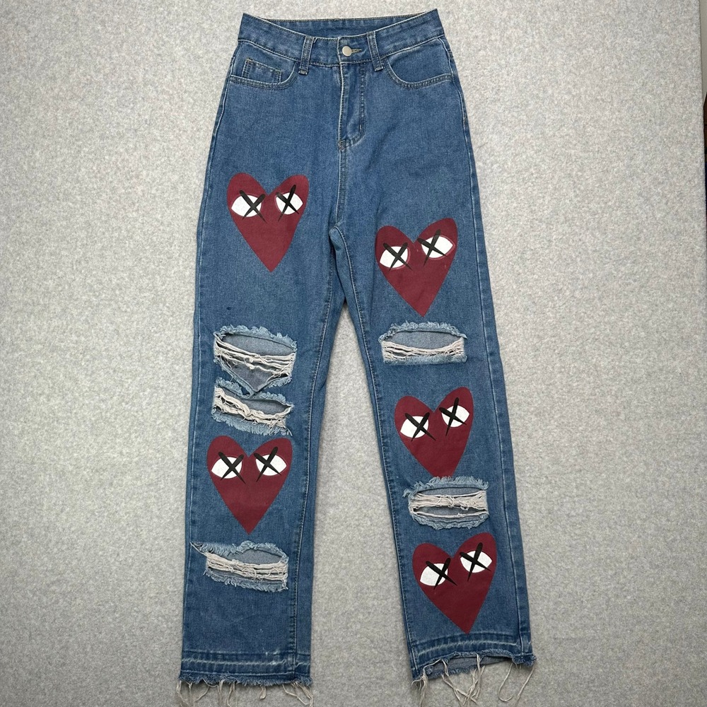 Heart Eyes Distressed Straight Leg Jeans Medium Wash Blue‎ Womens 26 Waist